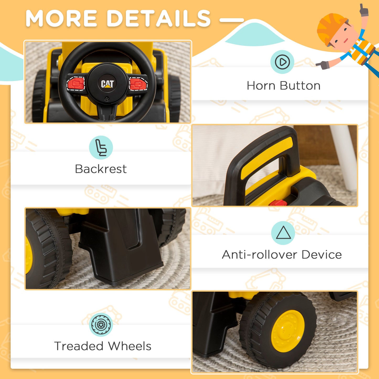 HOMCOM CAT Licensed 1-3 Years Safe Ride-On Construction Vehicle with Controllable Shovel
