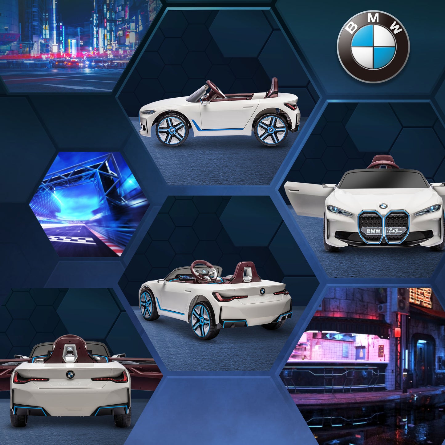 Licensed BMW i4 3-6 Years Safe Ride-On Electric Kids Car with Portable Battery