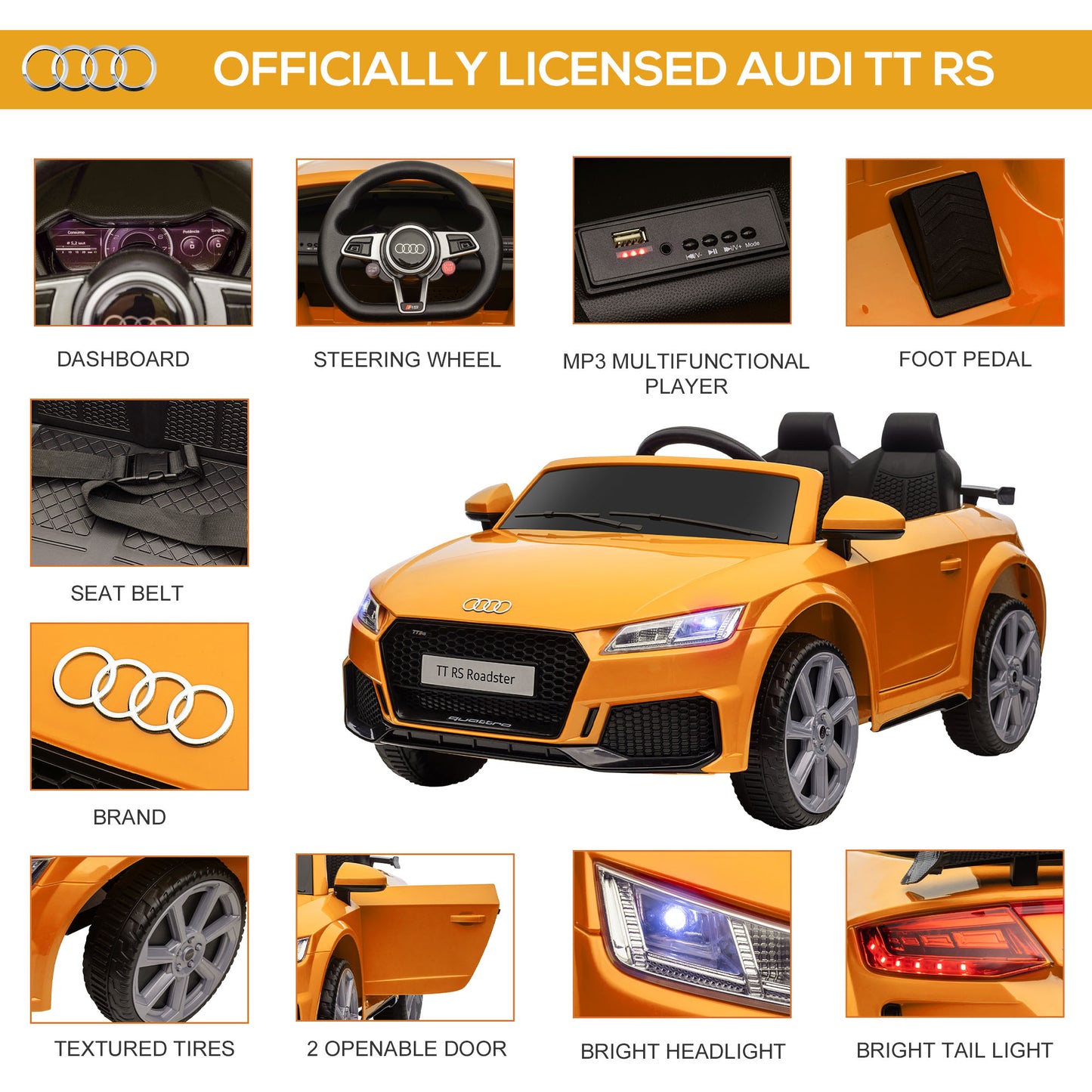 Licensed Audi TT RS 12V Battery Ride-On Car for Kids 3-5 Years with MP3 Player