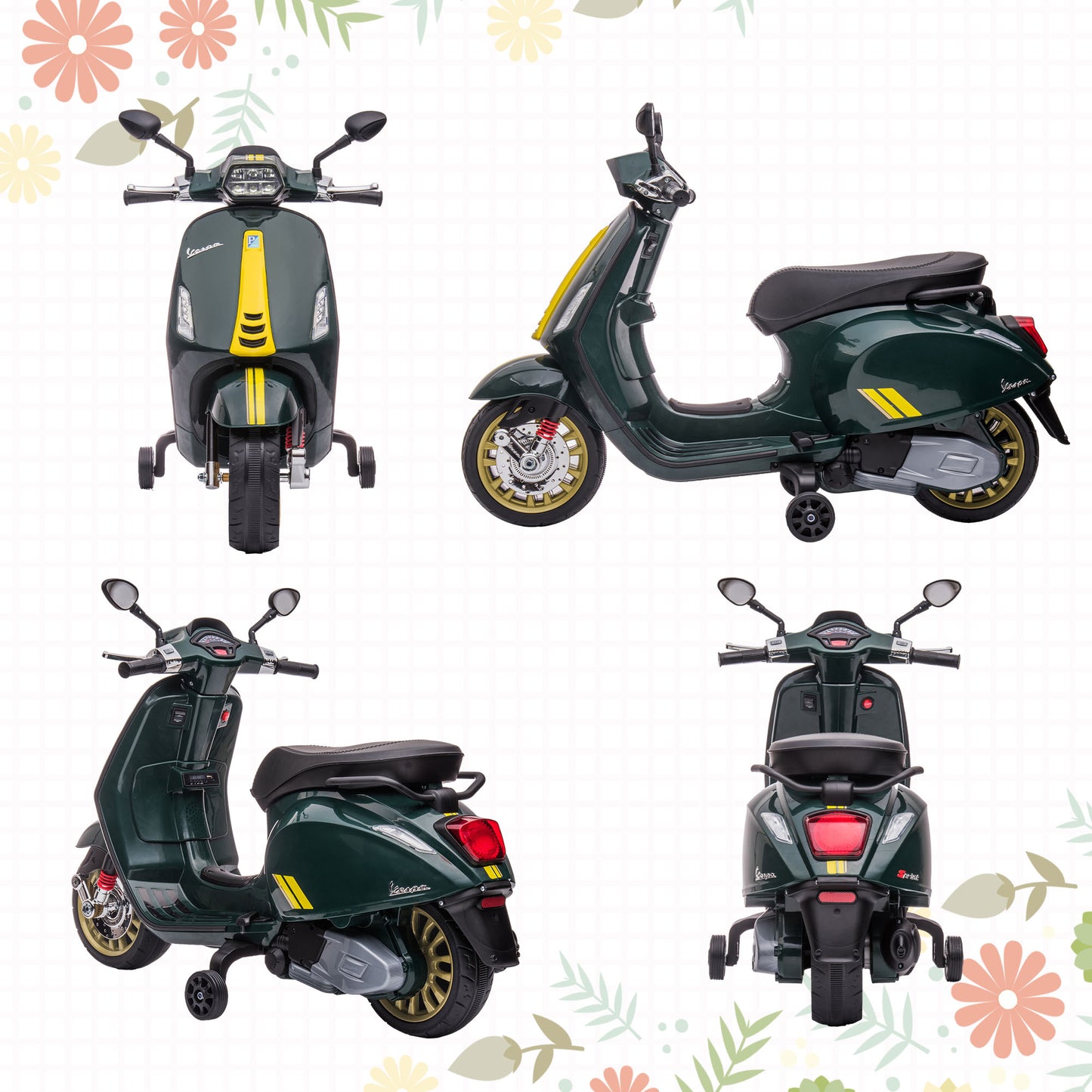 AIYAPLAY 3-5 Years Vespa Licensed 12V Kids Electric Bike with Training Wheels