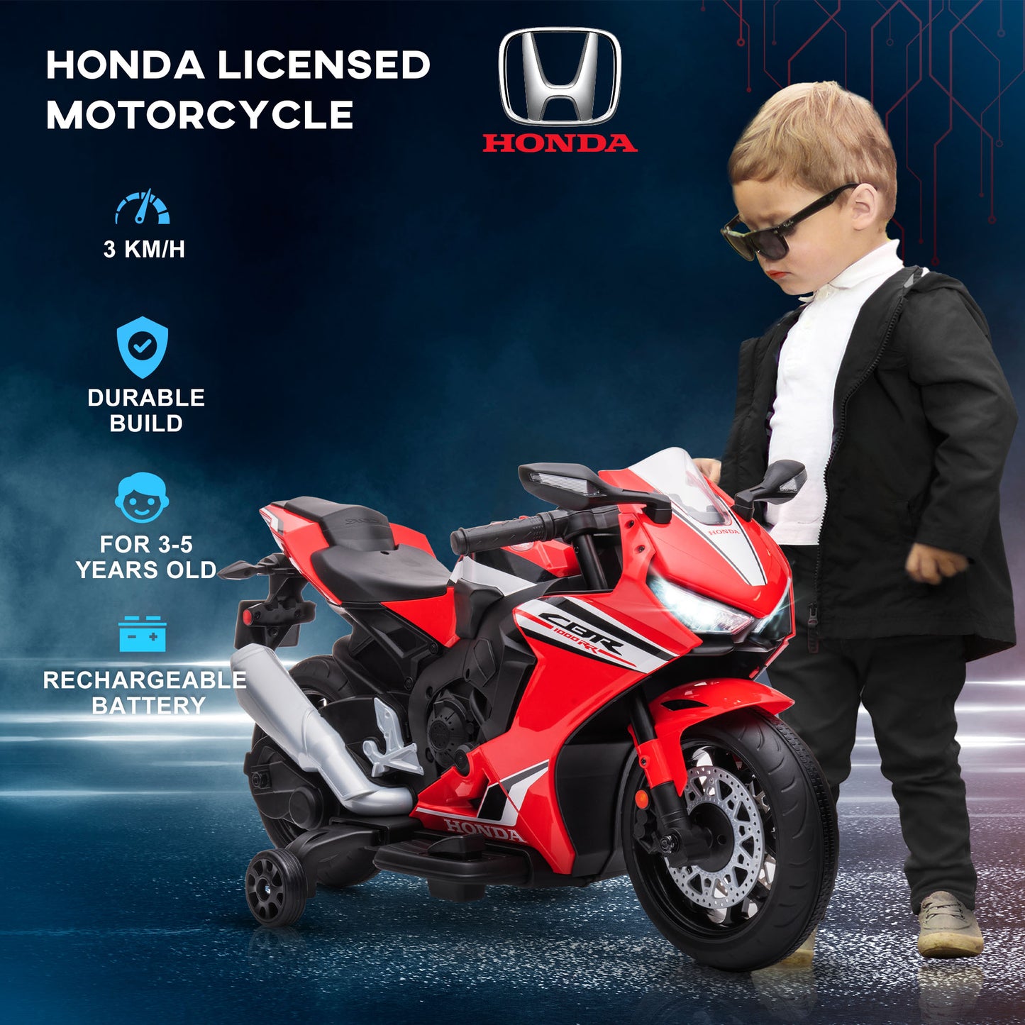 Honda Licensed 6V Kids Electric Motorbike Ride-On Vehicle with Training Wheels