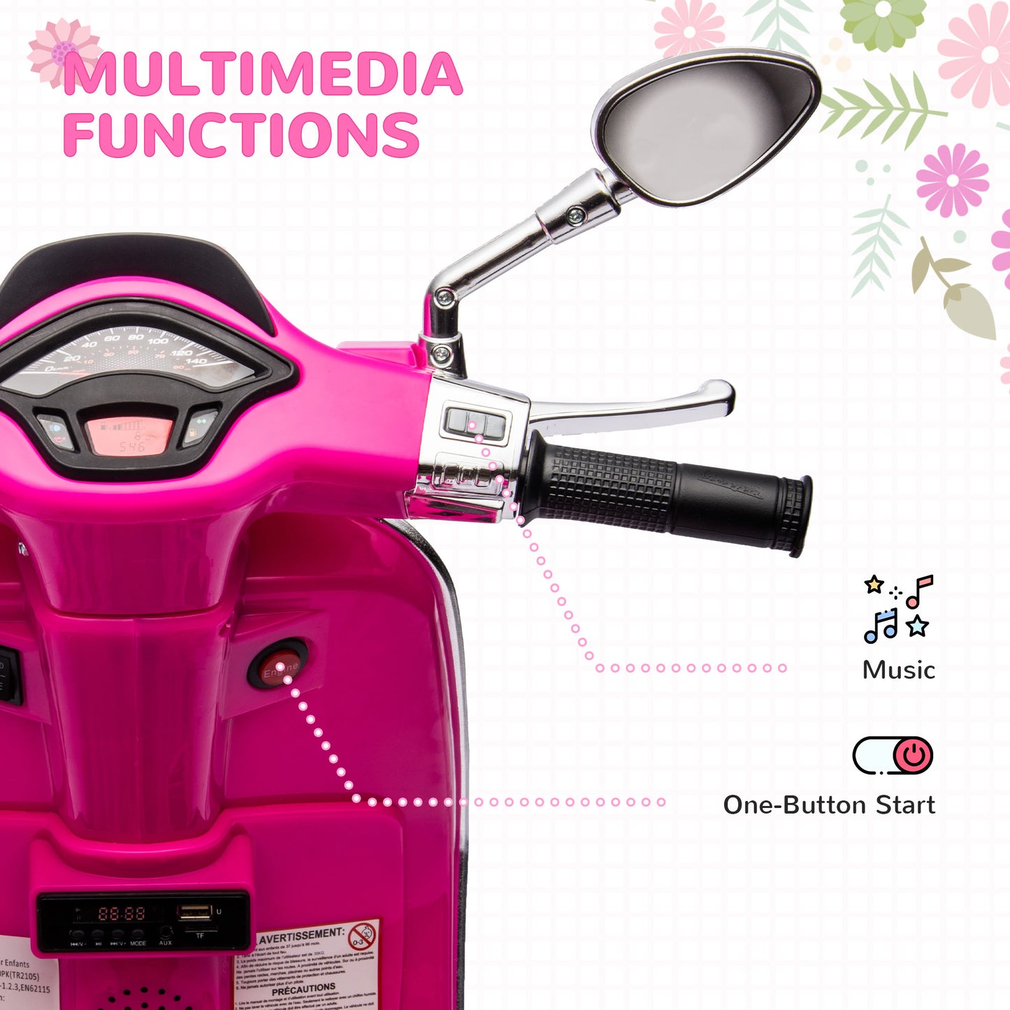 AIYAPLAY Licensed Vespa 12V Kids Electric Motorbike with Training Wheels - Pink