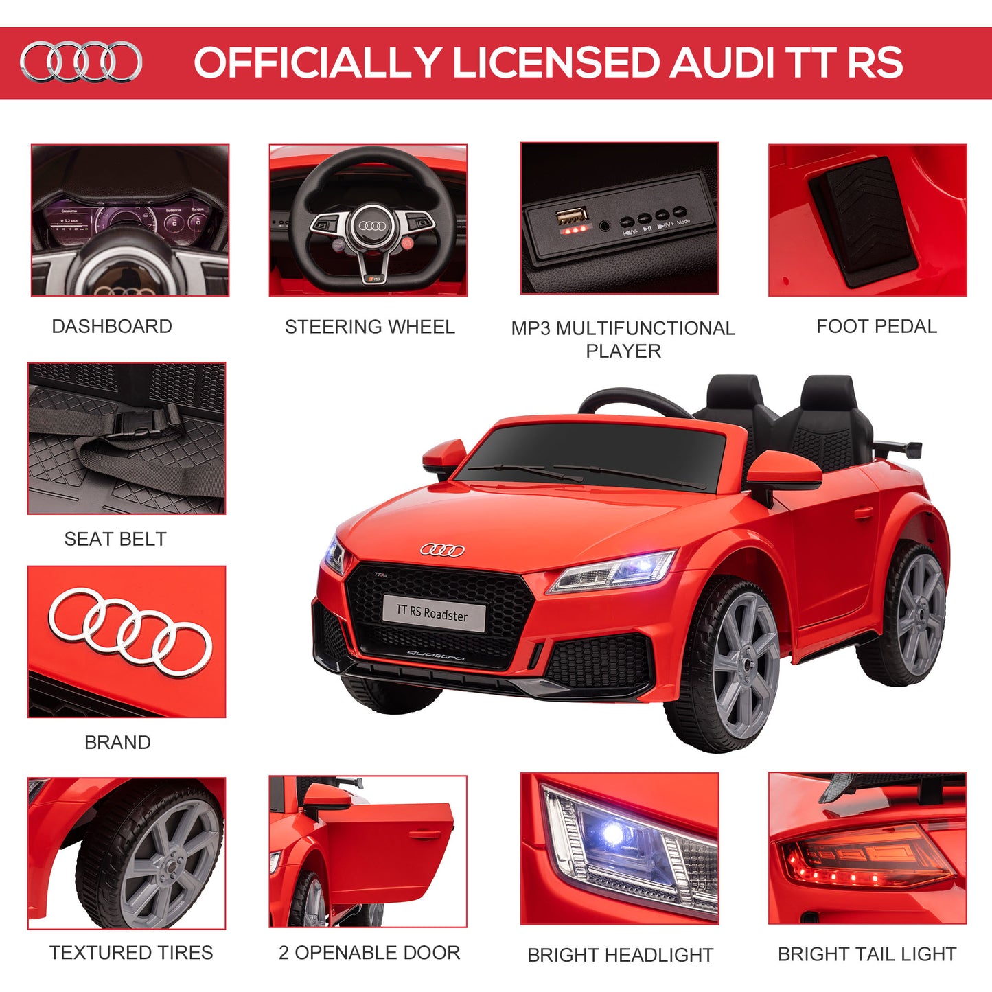 Licensed Audi TT 3-6 Years Safe Ride-On Electric Car with Remote Control & Headlights