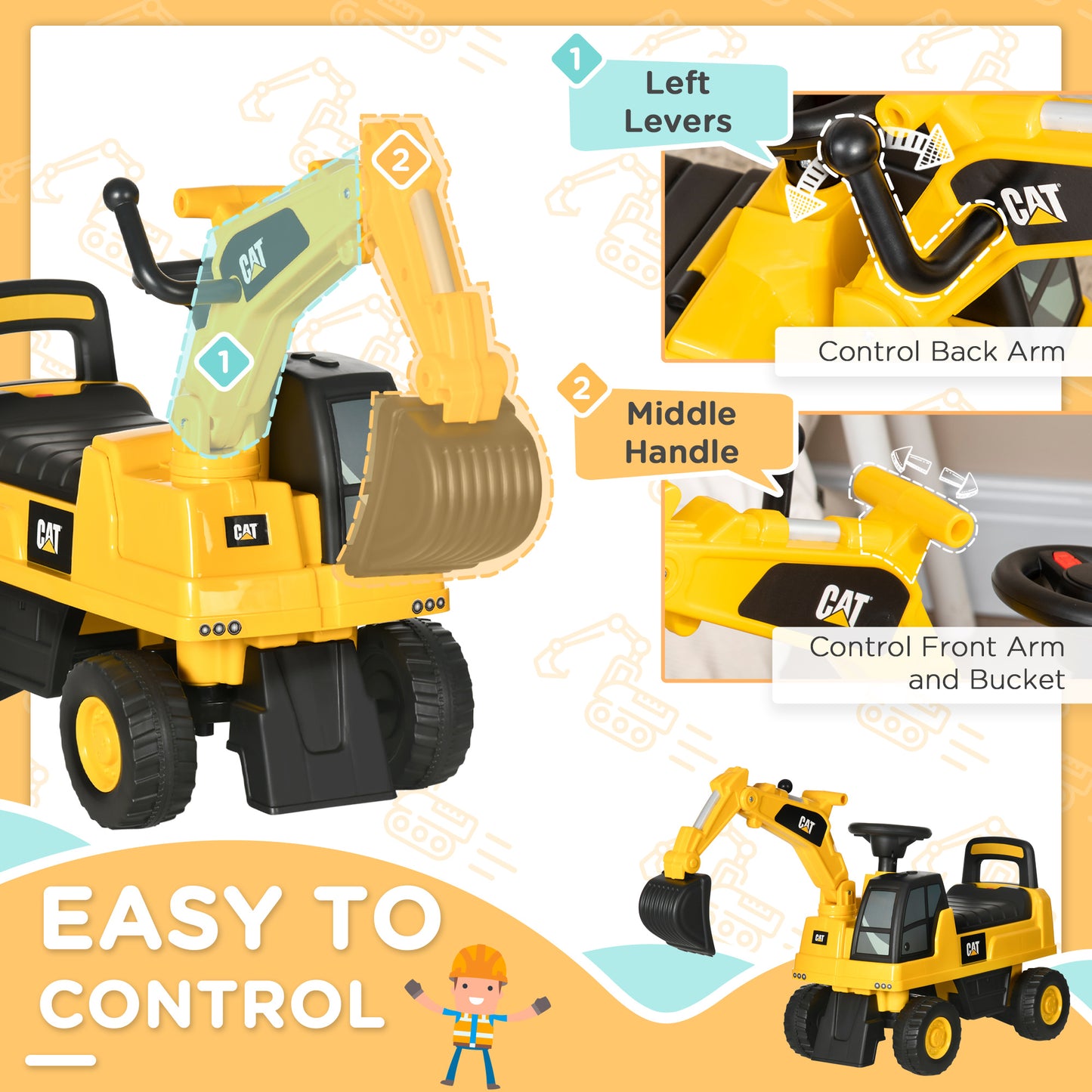 HOMCOM CAT Licensed 1-3 Years Safe Ride-On Digger with Controllable Shovel & Storage