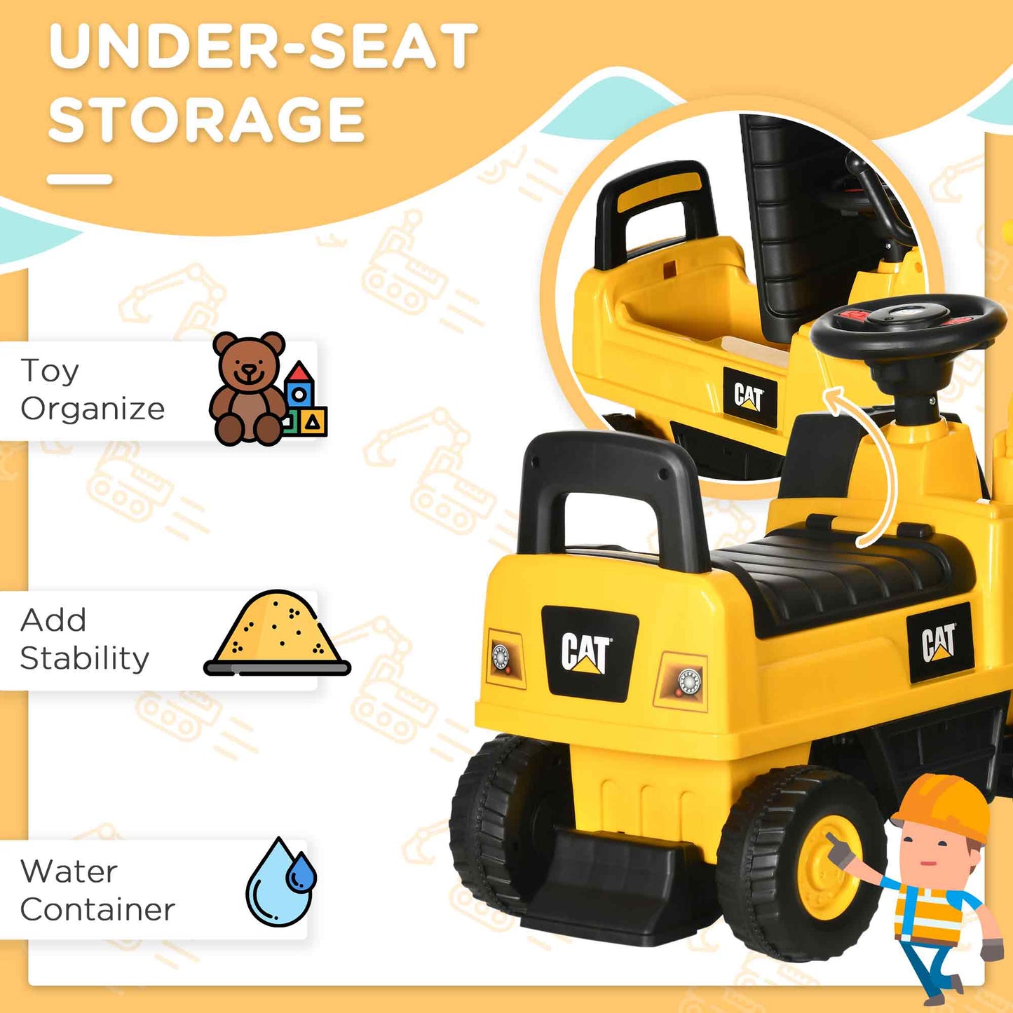 HOMCOM CAT Licensed 1-3 Years Safe Ride-On Digger with Controllable Shovel & Storage