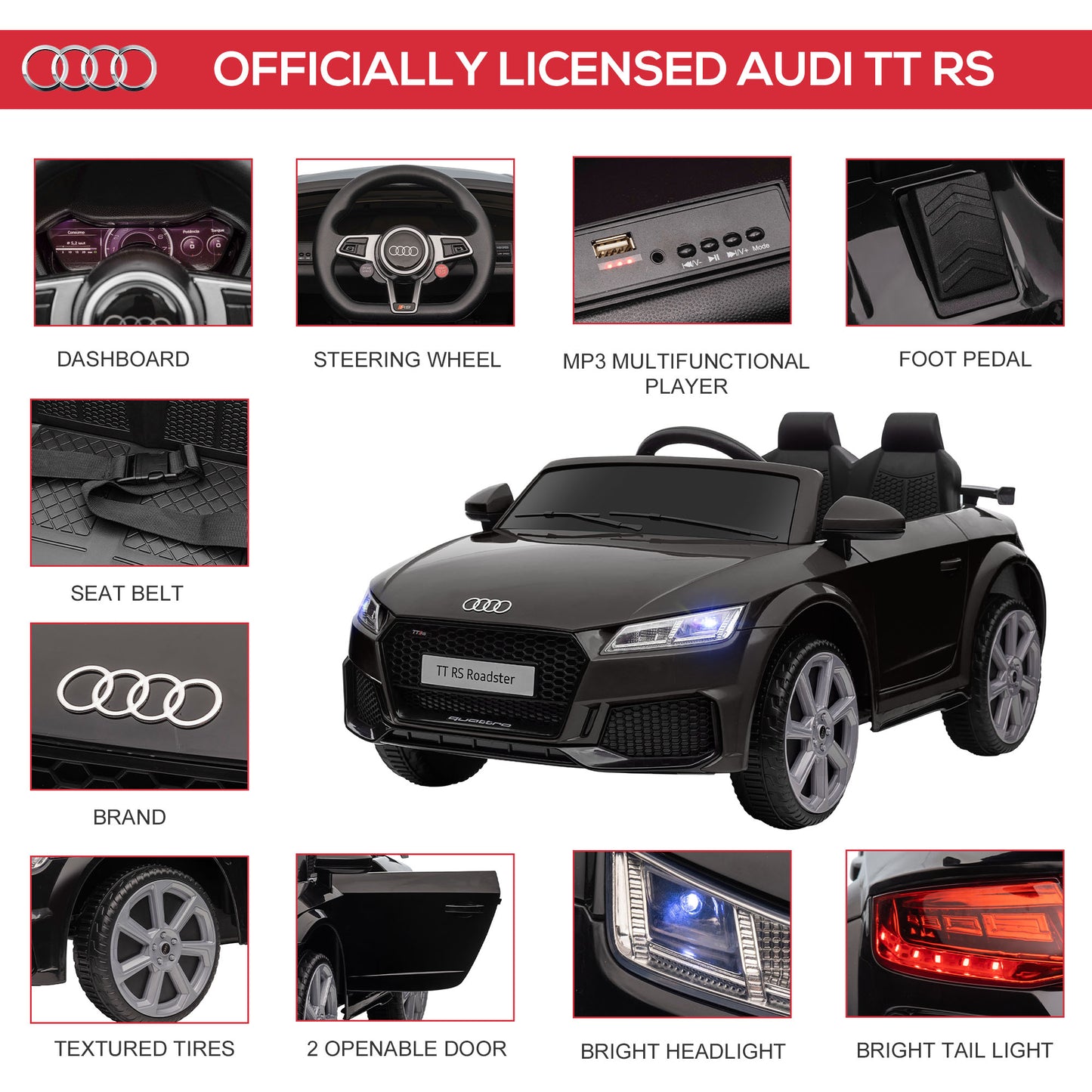 Licensed Audi TT 3-6 Years Safe Ride-On Car with Remote Control & Music