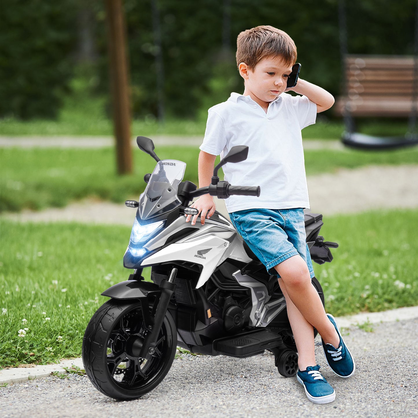 AIYAPLAY Licensed 12V Kids Electric Motorbike with Music & Headlights - White