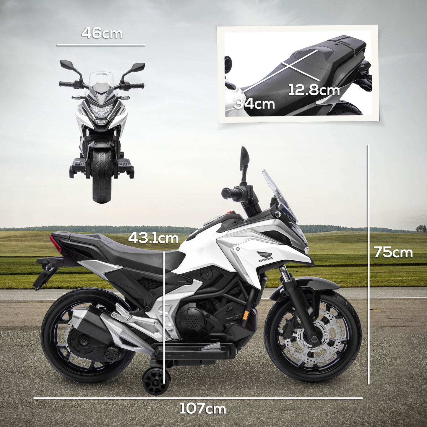 AIYAPLAY Licensed 12V Kids Electric Motorbike with Music & Headlights - White