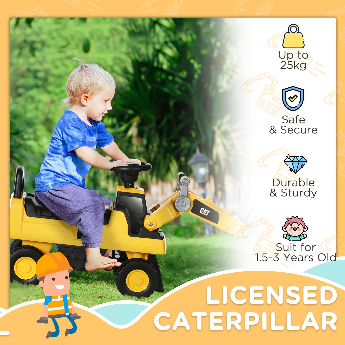 HOMCOM CAT Licensed 1-3 Years Safe Ride-On Construction Vehicle with Controllable Shovel