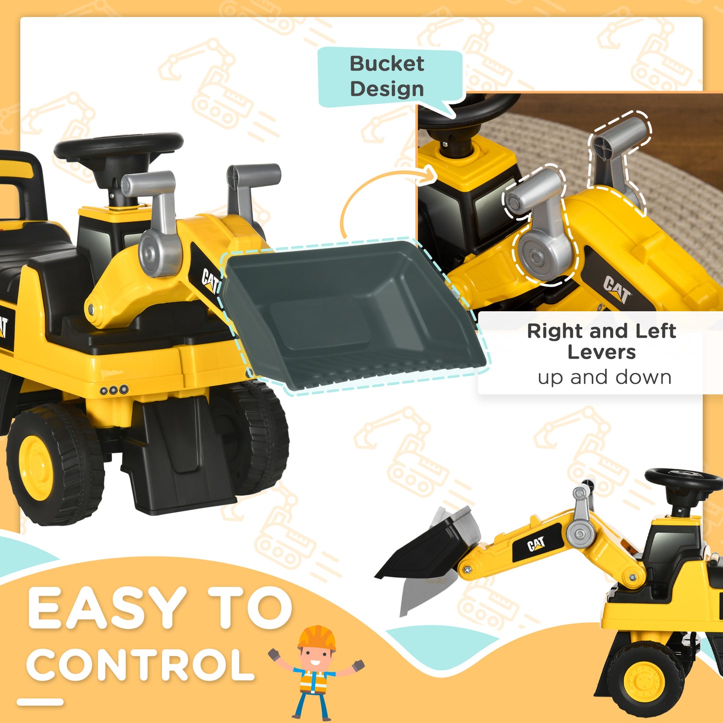 HOMCOM CAT Licensed 1-3 Years Safe Ride-On Construction Vehicle with Controllable Shovel