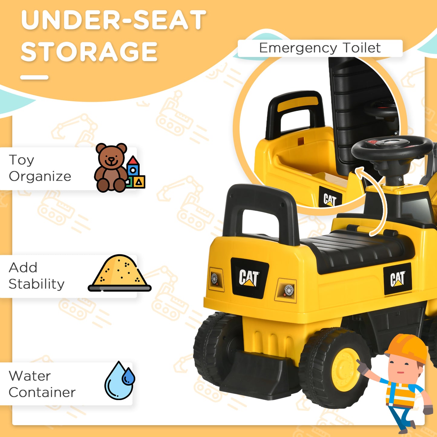 HOMCOM CAT Licensed 1-3 Years Safe Ride-On Construction Vehicle with Controllable Shovel
