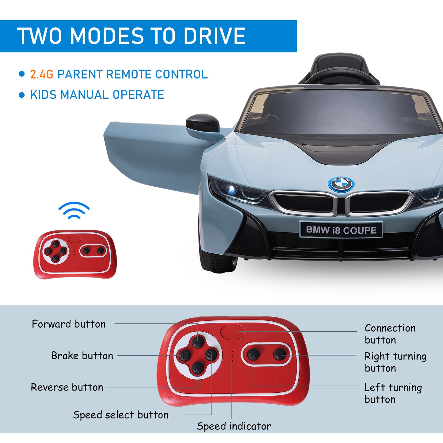 Licensed BMW I8 Coupe 3-8 Years Safe Ride-On Car with Remote Control & Music