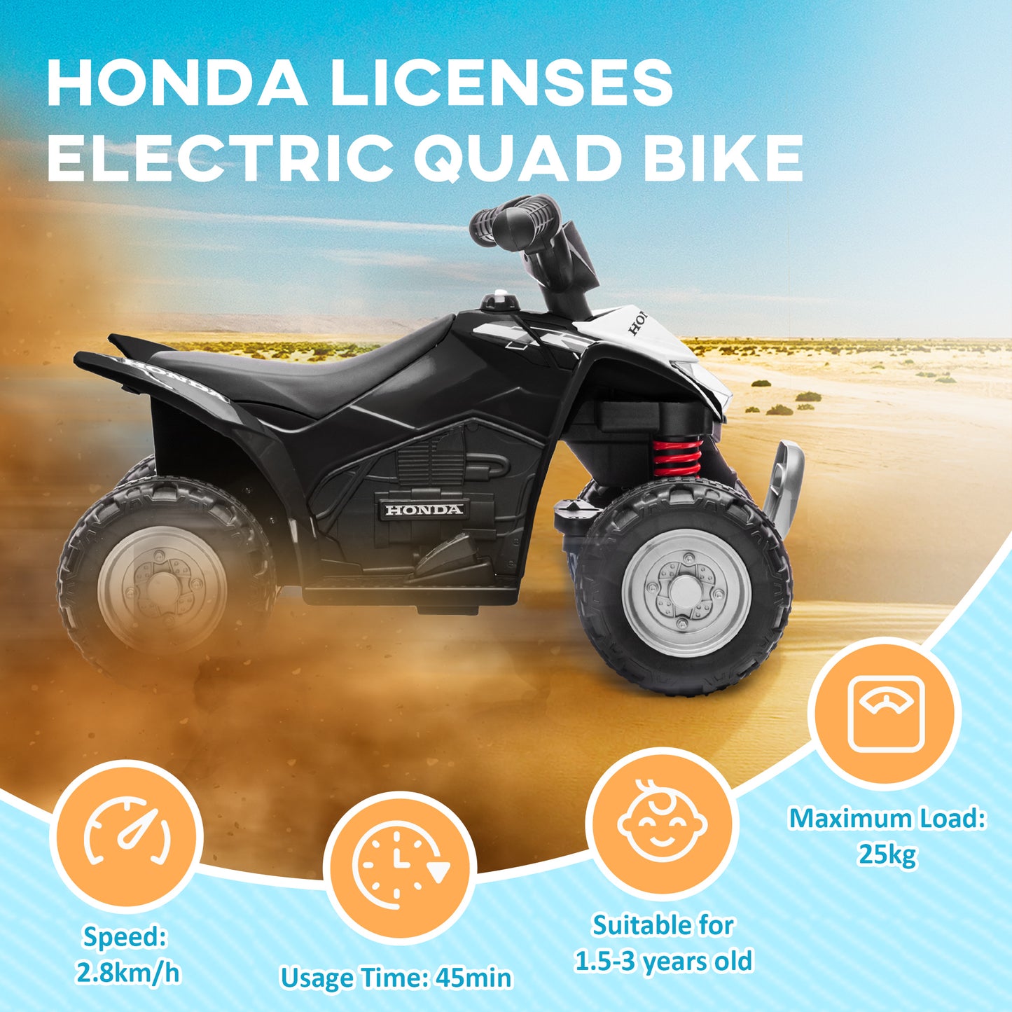 Honda Licensed Kids Electric Quad Bike 6V ATV Ride-On for 1.5-3 Years - Black, Safe & Sturdy!