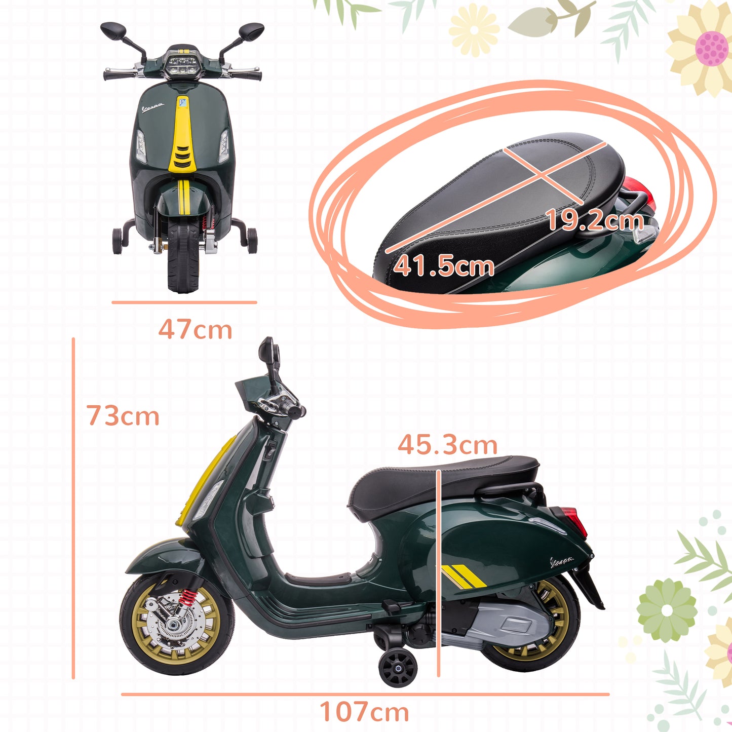 AIYAPLAY 3-5 Years Vespa Licensed 12V Kids Electric Bike with Training Wheels