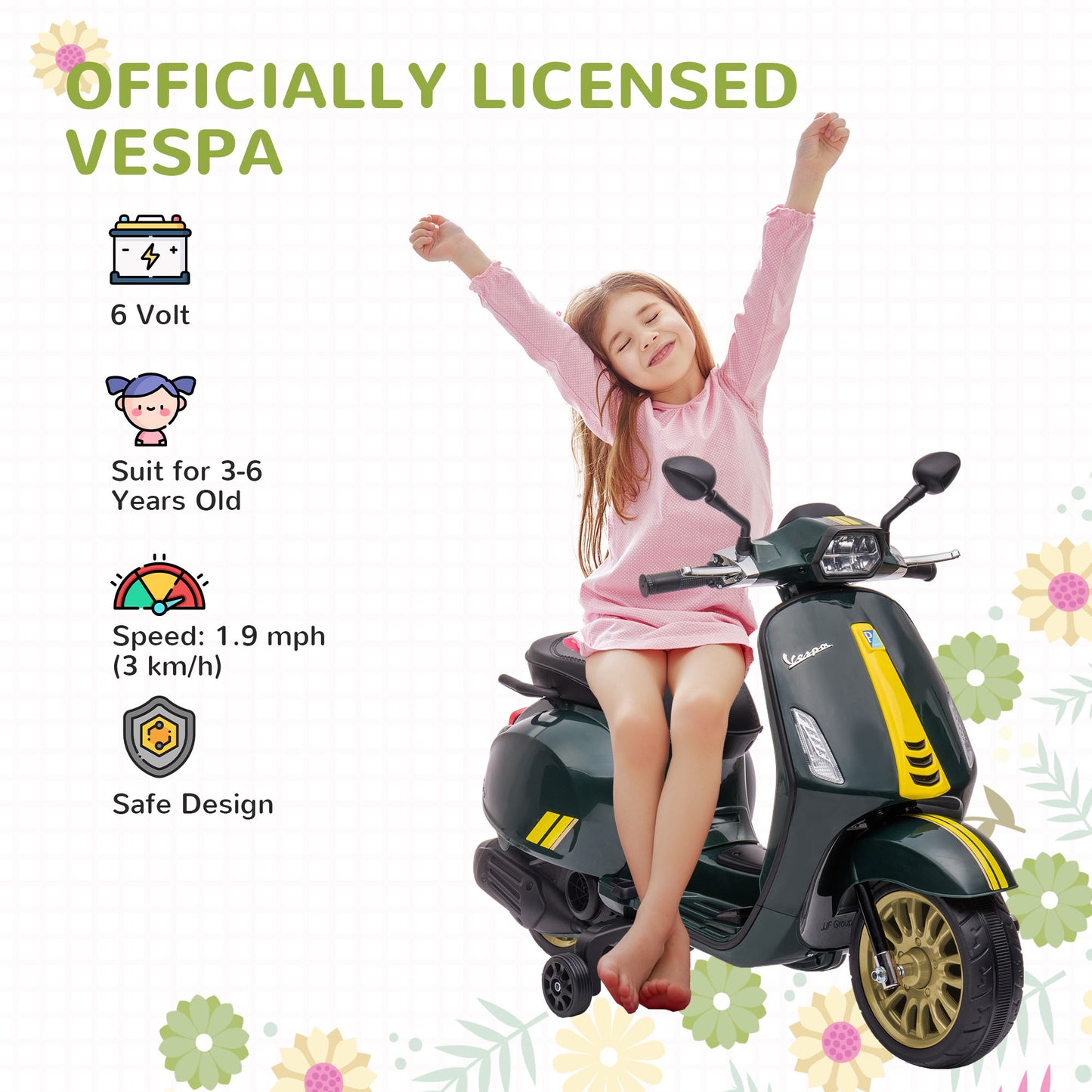 AIYAPLAY 3-5 Years Vespa Licensed 12V Kids Electric Bike with Training Wheels