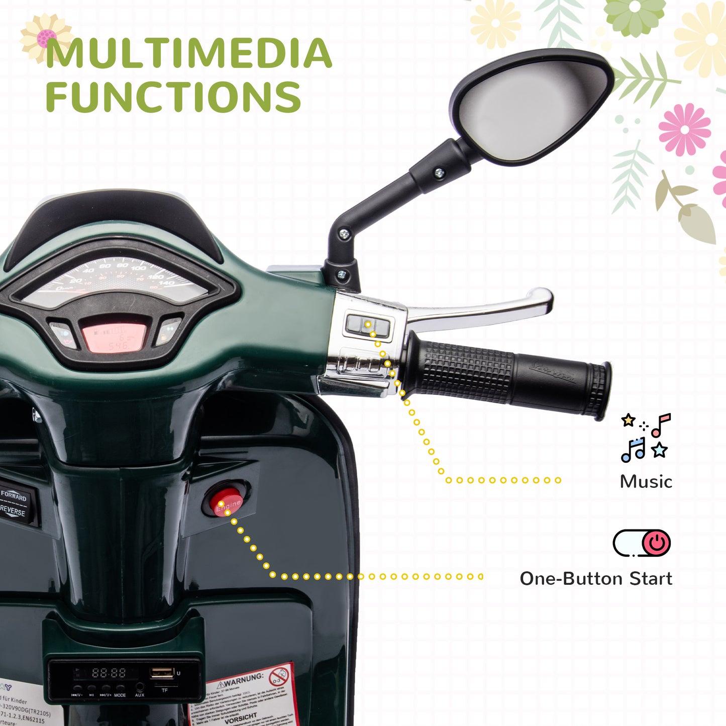 AIYAPLAY 3-5 Years Vespa Licensed 12V Kids Electric Bike with Training Wheels