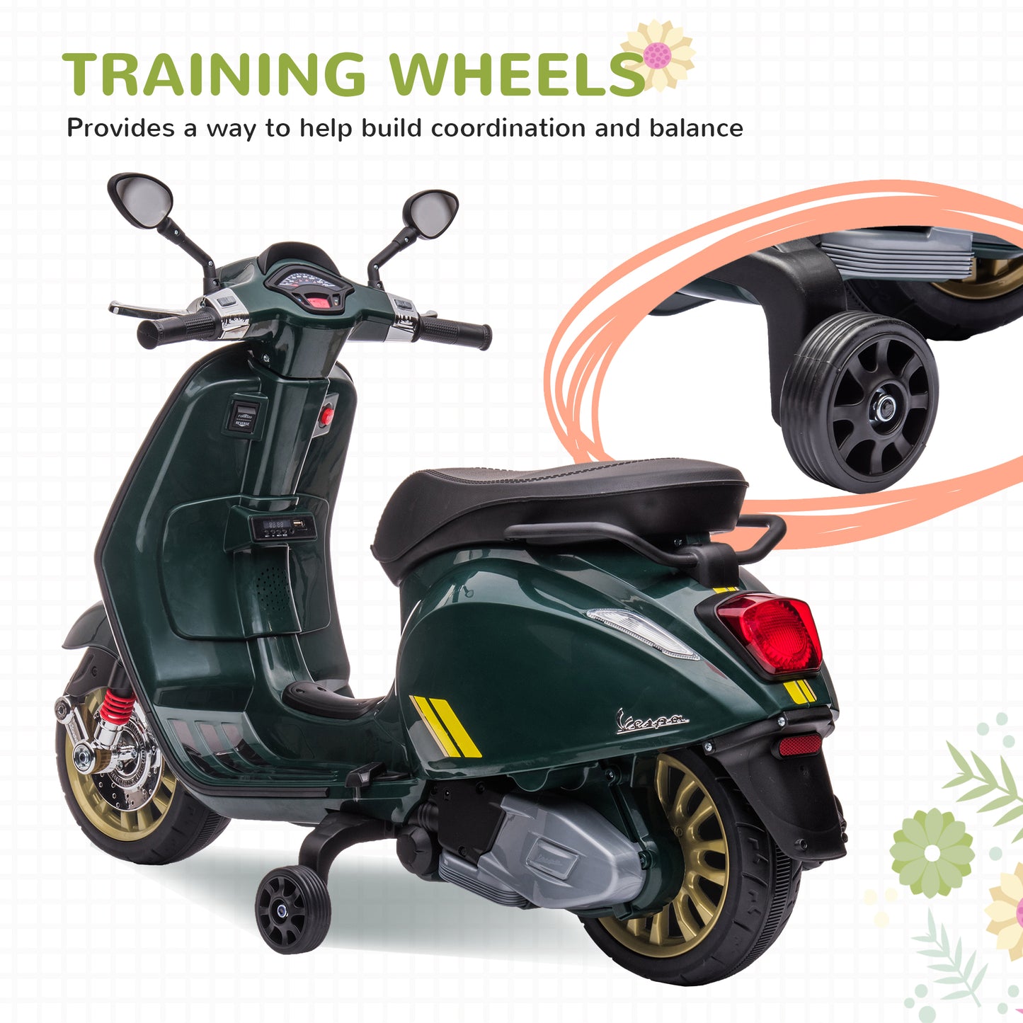 AIYAPLAY 3-5 Years Vespa Licensed 12V Kids Electric Bike with Training Wheels