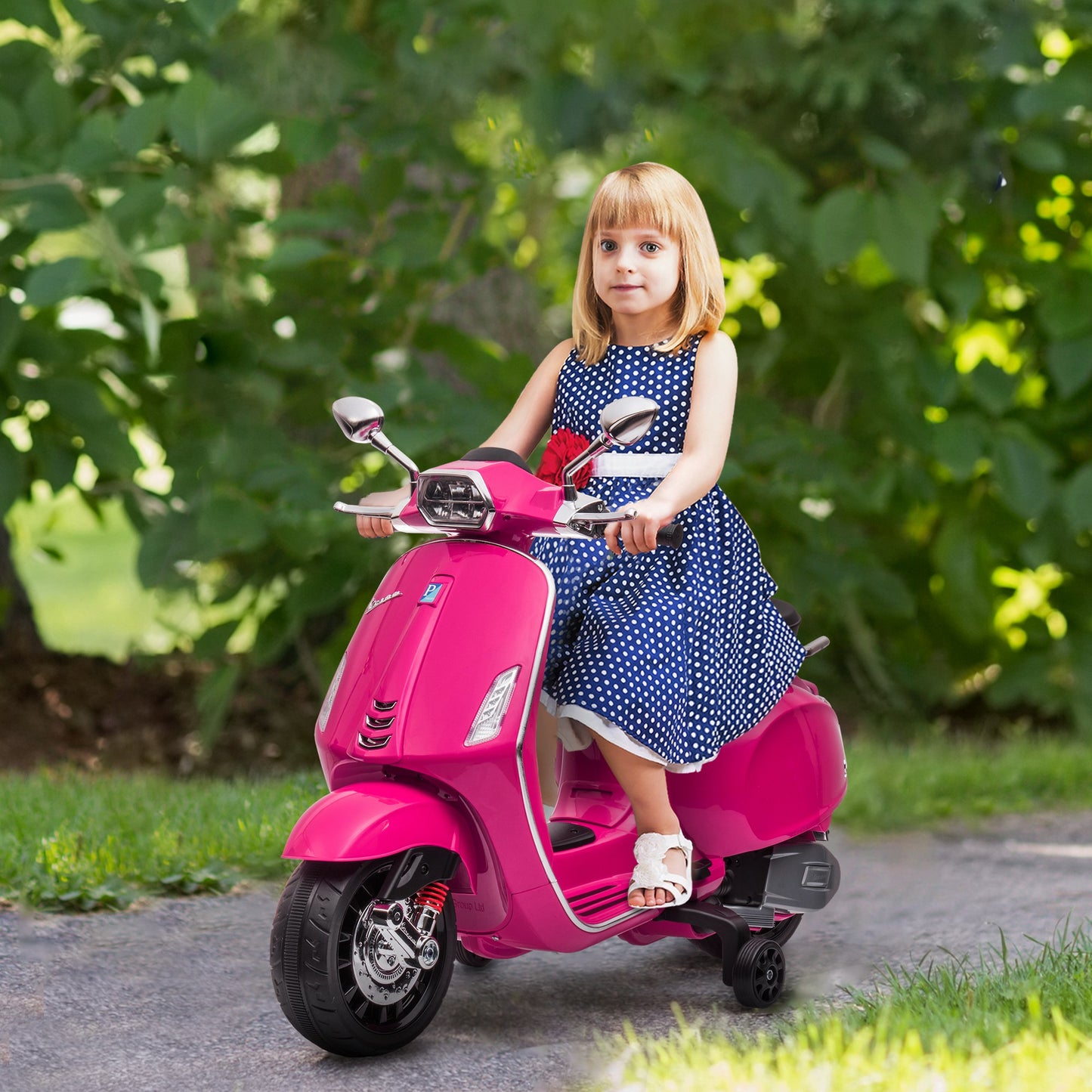 AIYAPLAY Licensed Vespa 12V Kids Electric Motorbike with Training Wheels - Pink