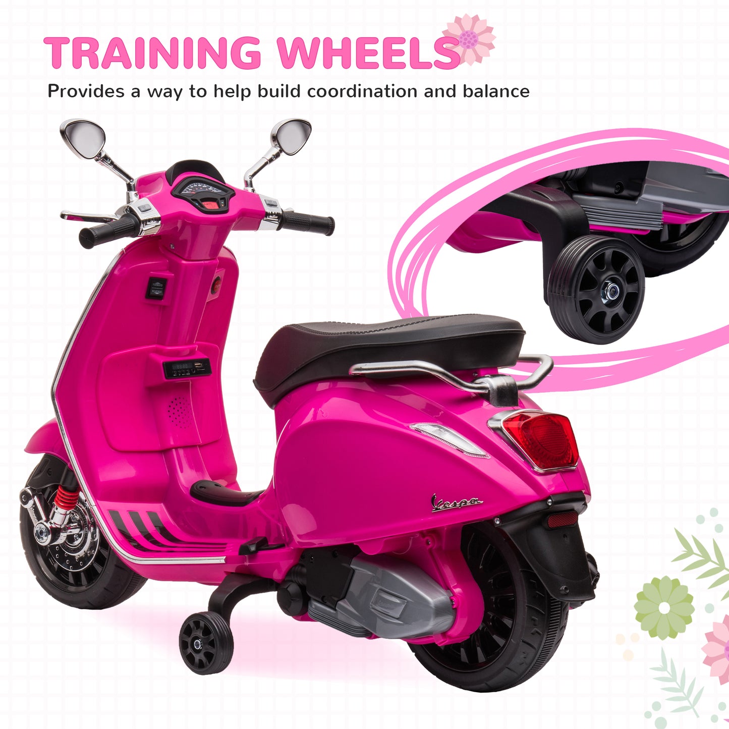 AIYAPLAY Licensed Vespa 12V Kids Electric Motorbike with Training Wheels - Pink