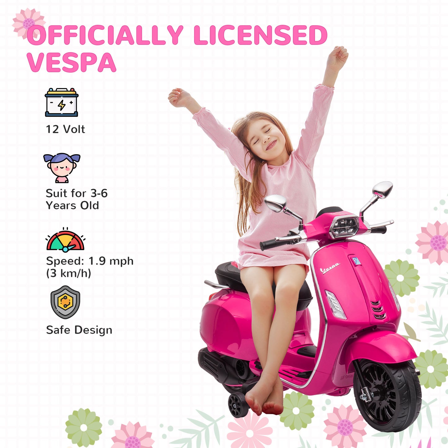 AIYAPLAY Licensed Vespa 12V Kids Electric Motorbike with Training Wheels - Pink