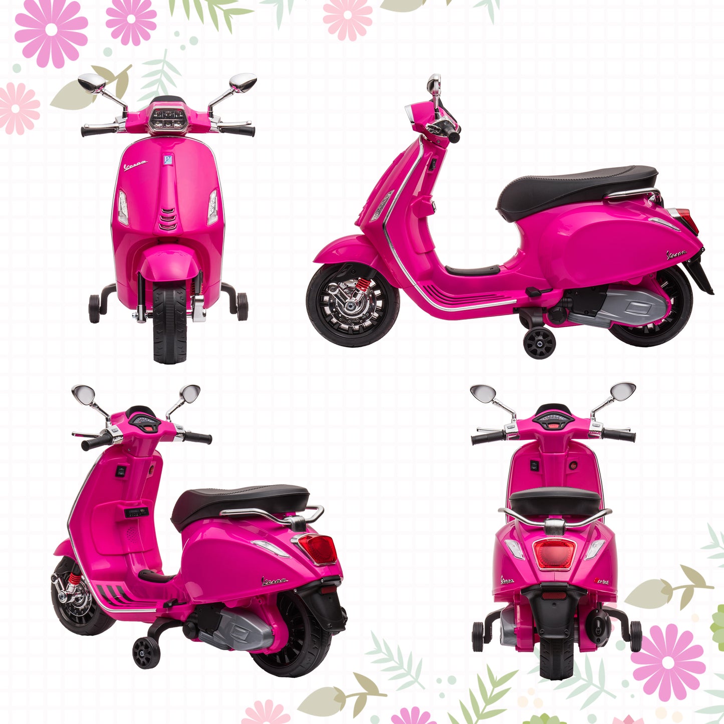 AIYAPLAY Licensed Vespa 12V Kids Electric Motorbike with Training Wheels - Pink