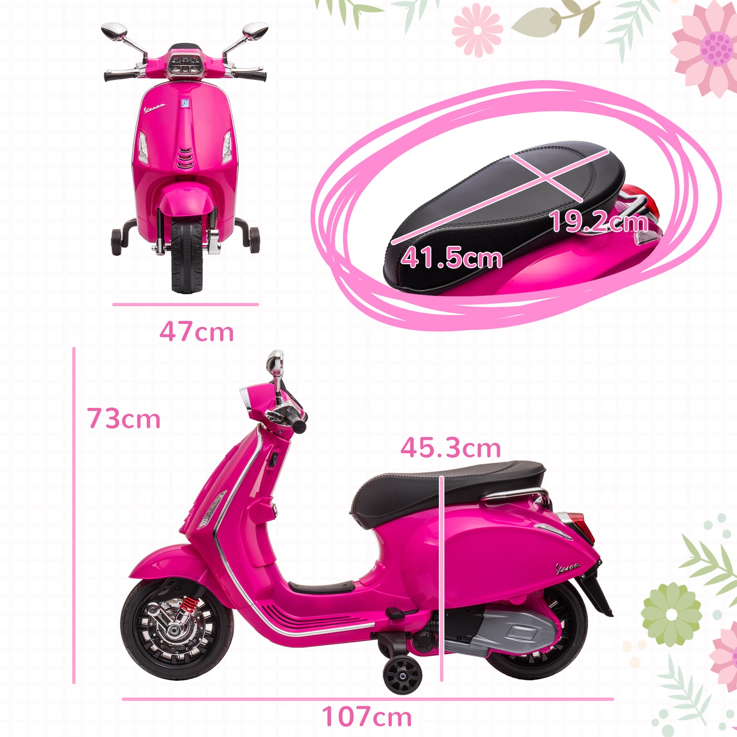 AIYAPLAY Licensed Vespa 12V Kids Electric Motorbike with Training Wheels - Pink