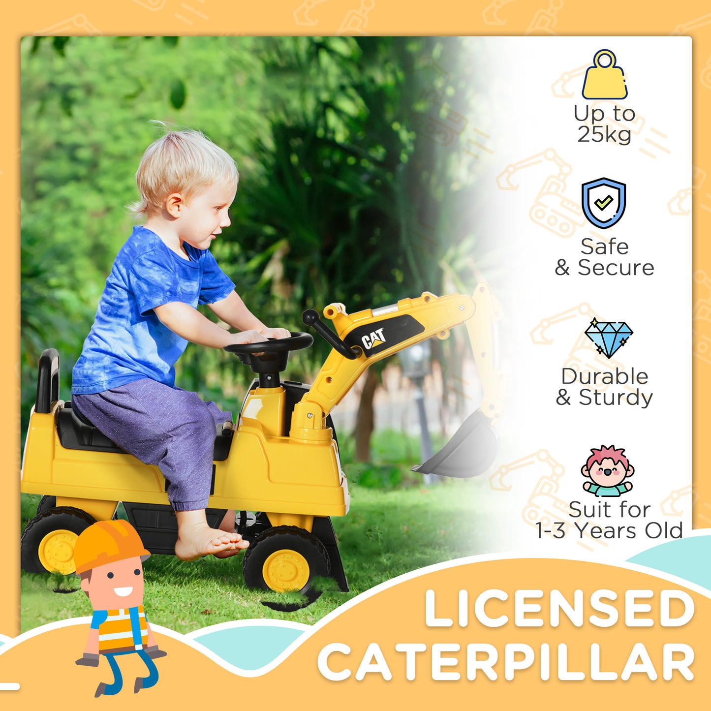 HOMCOM CAT Licensed 1-3 Years Safe Ride-On Digger with Controllable Shovel & Storage
